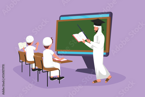 Cartoon flat style drawing Arab male teacher standing in front of monitor screen holding book and teaching two junior high school student sitting on chair near desk. Graphic design vector illustration