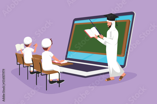 Character flat drawing Arab male teacher standing in front of laptop computer screen holding book and teaching junior high school student sitting on chair near desk. Cartoon design vector illustration