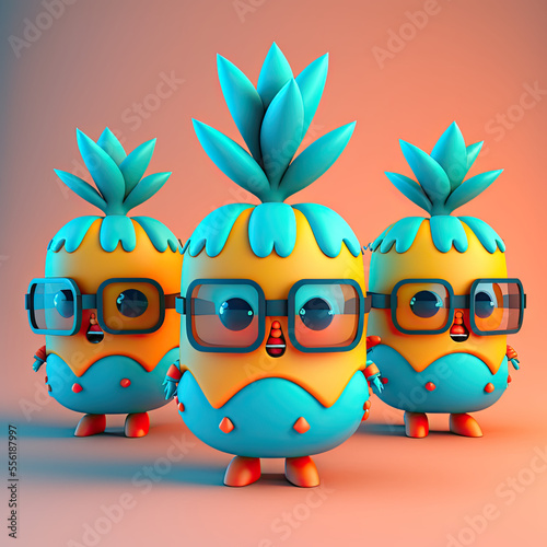 a cute pineapple character neon triple glasses, minimalism, dynamic angle, kawaii cute, orange, hot blue, neon
