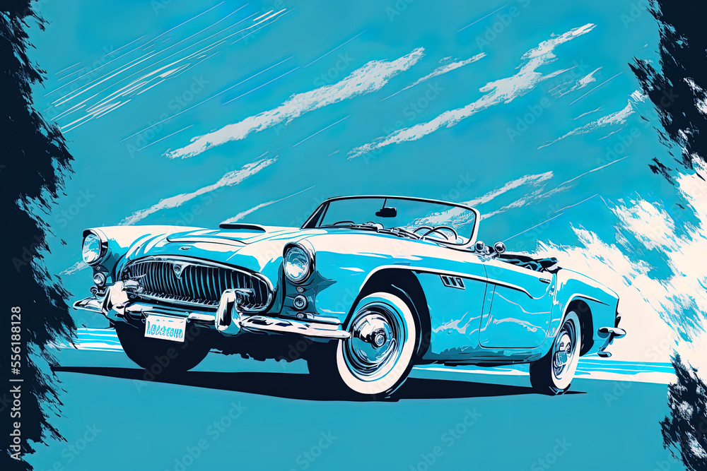 Fototapeta premium Illustration of a blue convertible on a blue backdrop. Generative AI