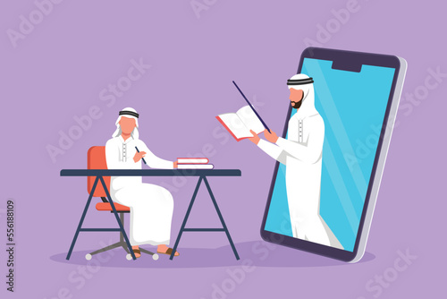 Cartoon flat style drawing Arab male student sitting on chair with desk studying staring at smartphone screen, inside laptop there is male lecturer who is teaching. Graphic design vector illustration