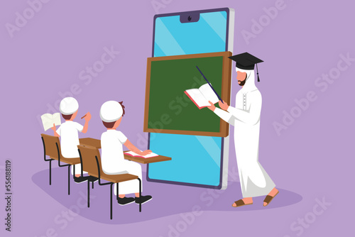 Cartoon flat style drawing Arab male teacher standing in front of smartphone screen holding book and teaching junior high school students sitting on chair near desk. Graphic design vector illustration