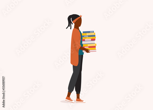 Side View Of A Young Black Woman Carrying A Stack Of Variety Books. Full Length. Flat Design Style, Character, Cartoon.