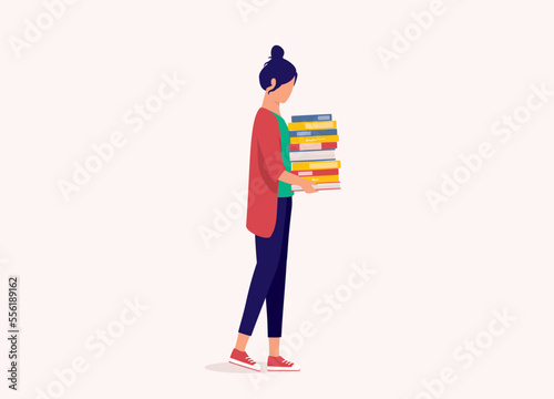 Side View Of A Young Woman Carrying A Stack Of Variety Books. Full Length. Flat Design Style, Character, Cartoon.
