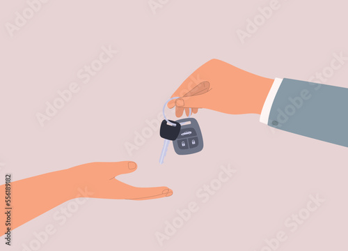 A Person’s Hand With Business Suit Handing Car Key To Another Person’s Hand. Close-Up. Flat Design Style, Character, Cartoon.