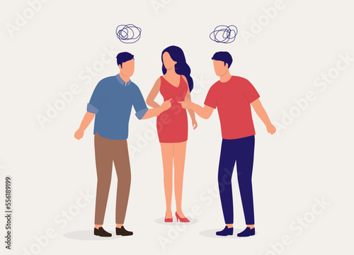 Two Angry Men Fighting Over For A Woman Standing In The Middle. Full Length. Flat Design Style, Character, Cartoon.