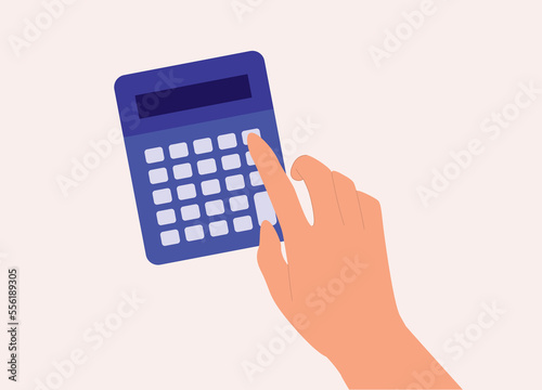 A Person’s Hand Pressing A Electronic Calculator With Push Buttons. Close-Up. Flat Design Style, Character, Cartoon.