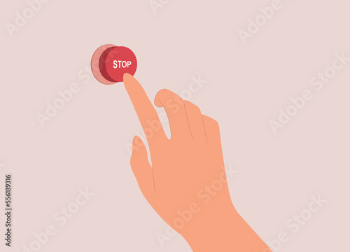 A Person’s Hand Pressing A Red Color Stop Button On Wall. Close-Up. Flat Design Style, Character, Cartoon.