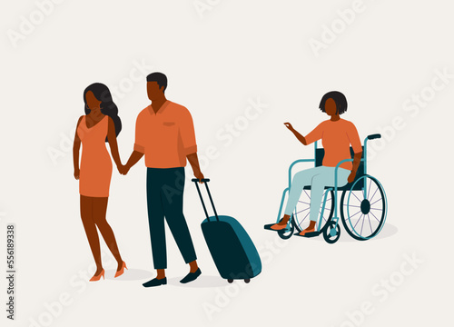 Disloyal Black Husband Leaving His Disabled Wife For Another Woman. Sad Wife With Wheelchair Begging Her Husband Not To Leave Her. Full Length. Flat Design Style, Character, Cartoon.