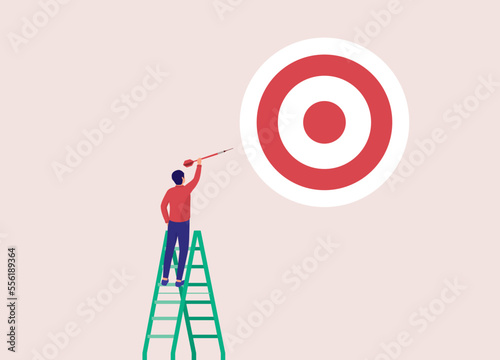 Concept Of Business Target. Back View Of A Business Man On Step Ladder Trying To Hit The Center Of The Dartboard With Dart. Full Length. Flat Design Style, Character, Cartoon.