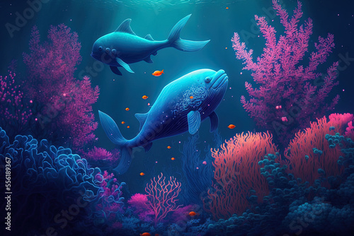 Cute marine creatures and aquatic plants are found underwater. Generative AI