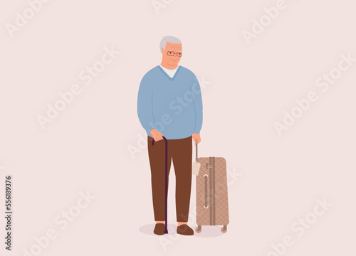 One Smiling Senior Man With Luggage And Walking Cane. Full Length. Flat Design Style, Character, Cartoon.
