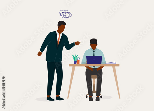 Angry Black Man Manager Scolding His Employee With Face Looking Down Sitting Sadly At His Working Desk. Full Length. Flat Design Style, Character, Cartoon.