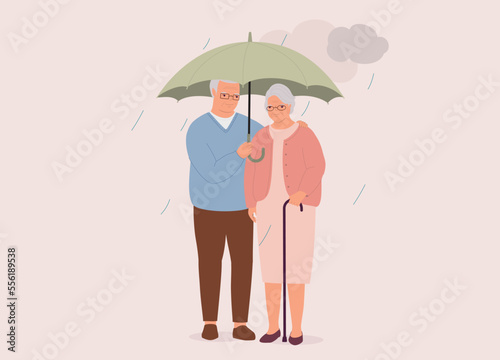 Smiling Senior Couple With Umbrella On A Rainy Day With Dark Clouds. Full Length. Flat Design Style, Character, Cartoon.