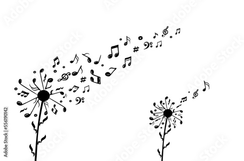 Fototapeta Naklejka Na Ścianę i Meble -  Dandelion with flying notes and seeds. Vector isolated decoration element from scattered silhouettes
