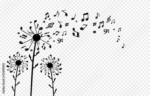 Dandelion with flying notes and seeds. Vector isolated decoration element from scattered silhouettes