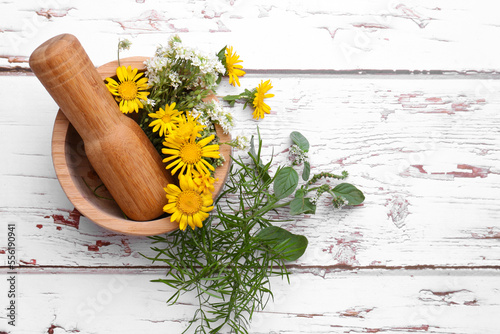 Mortar with pestle, flowers and herbs on white wooden table, flat lay. Space for text