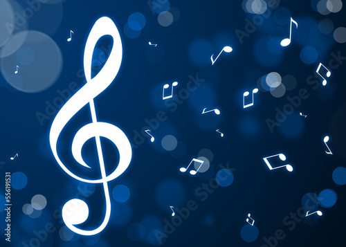 Treble clef and music notes flying on blue background  bokeh effect. Beautiful illustration design