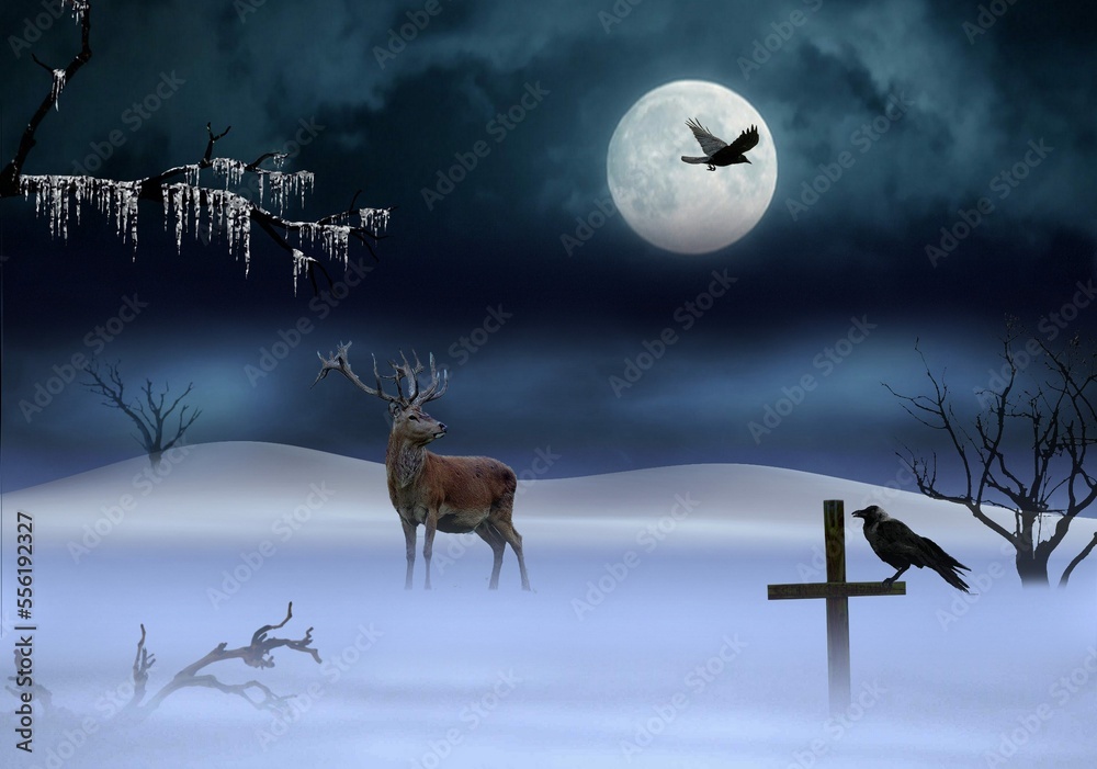 Fototapeta premium deer, raven, winter, night, hall, picture, interior design, home decoration, abstraction, style,