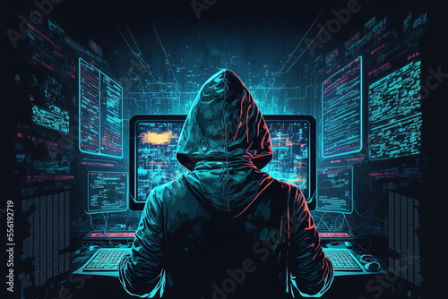 Slika na platnu cyber criminal hacking system at monitors hacker hands at work internet crime concept hacker steals