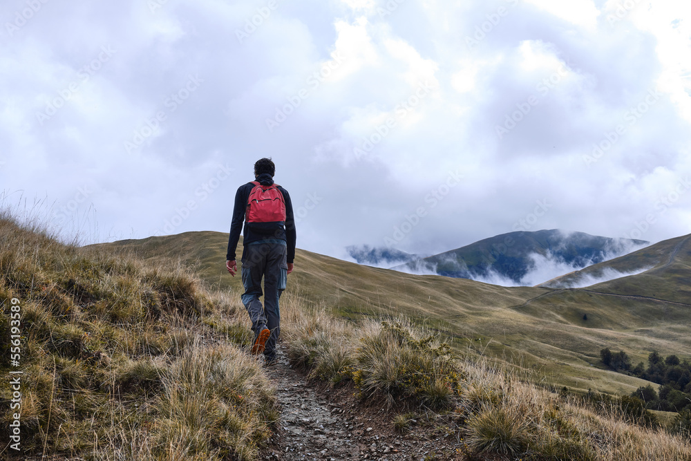 a man walks through picturesque mountains
mountain landscape