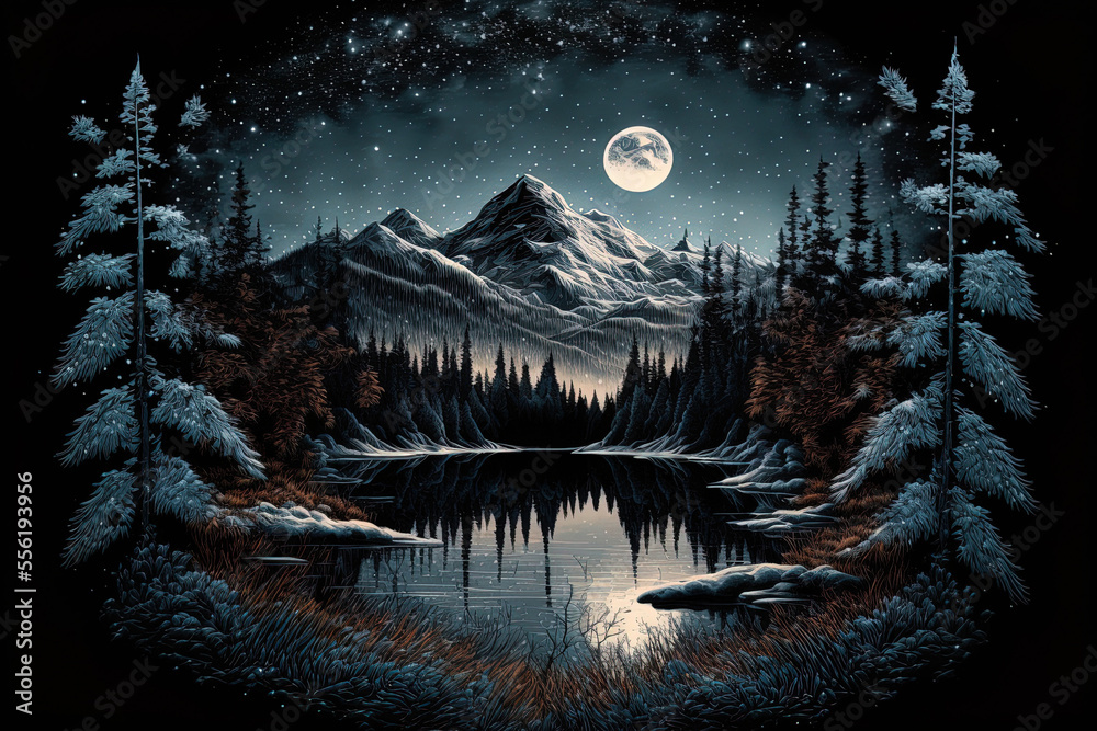 Fototapeta premium Nighttime scene of a frozen lake and fir trees in a winter environment with mountains and forest. Generative AI