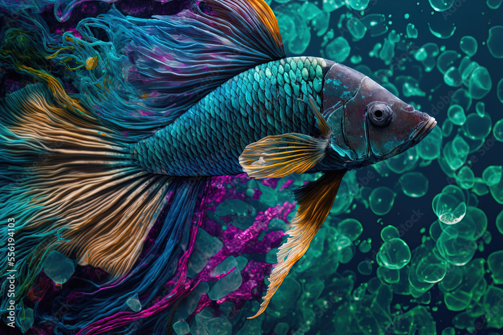 Betta fish up close with backdrop plastic pollution. Generative AI ...