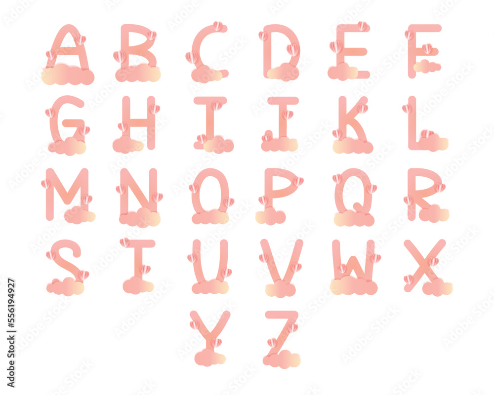 colorful cute heart and cloud alphabet for decorating or printing for cards or banner