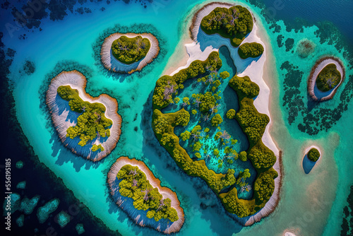 Aerial image of a genuine archipelago of tiny, unique atoll islands. Stunning natural landscape backdrop. Generative AI photo