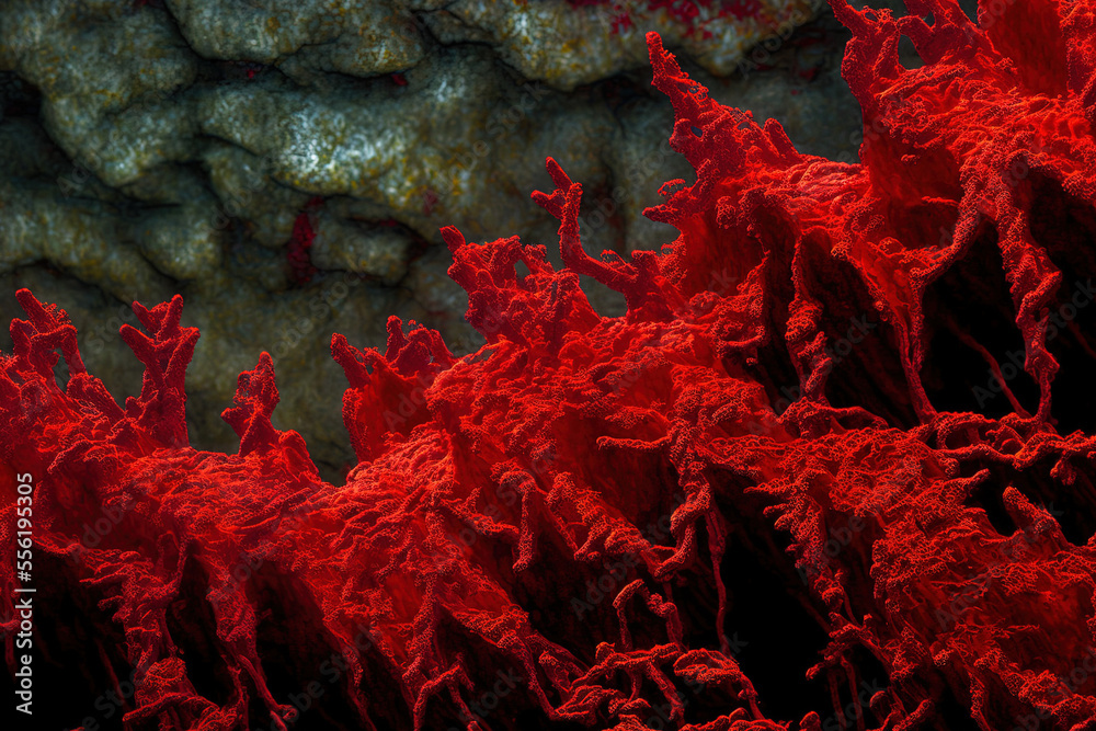 Red invasive algae (Asparagopsis sp.) covers seabed rocks. Generative AI Red invasive algae (Asparagopsis sp.) covers seabed rocks. Generative AI