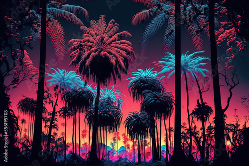 Palm neon forest jungle at sunset surreal woodland gorgeous neon dream scenery. Generative AI © 2rogan