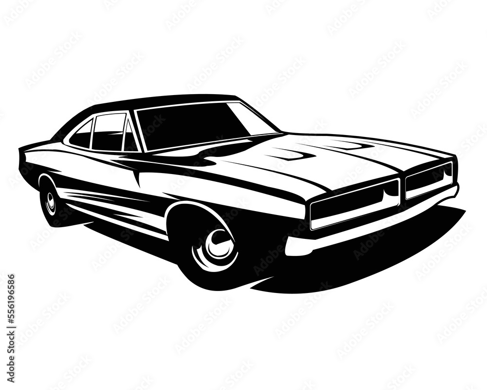 1970s old dodge charger logo silhouette isolated white background view from side. Best for badges, emblems, icons and the old car industry. - obrazy, fototapety, plakaty 