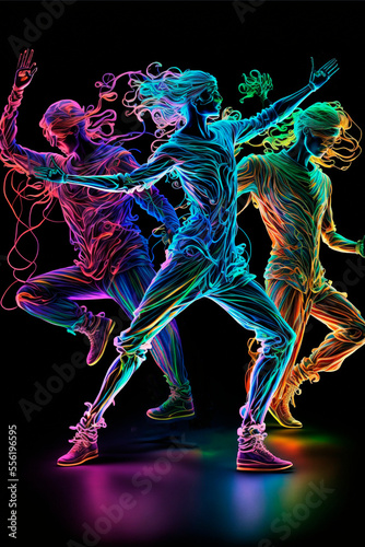 Colored neon silhouettes of dancing people