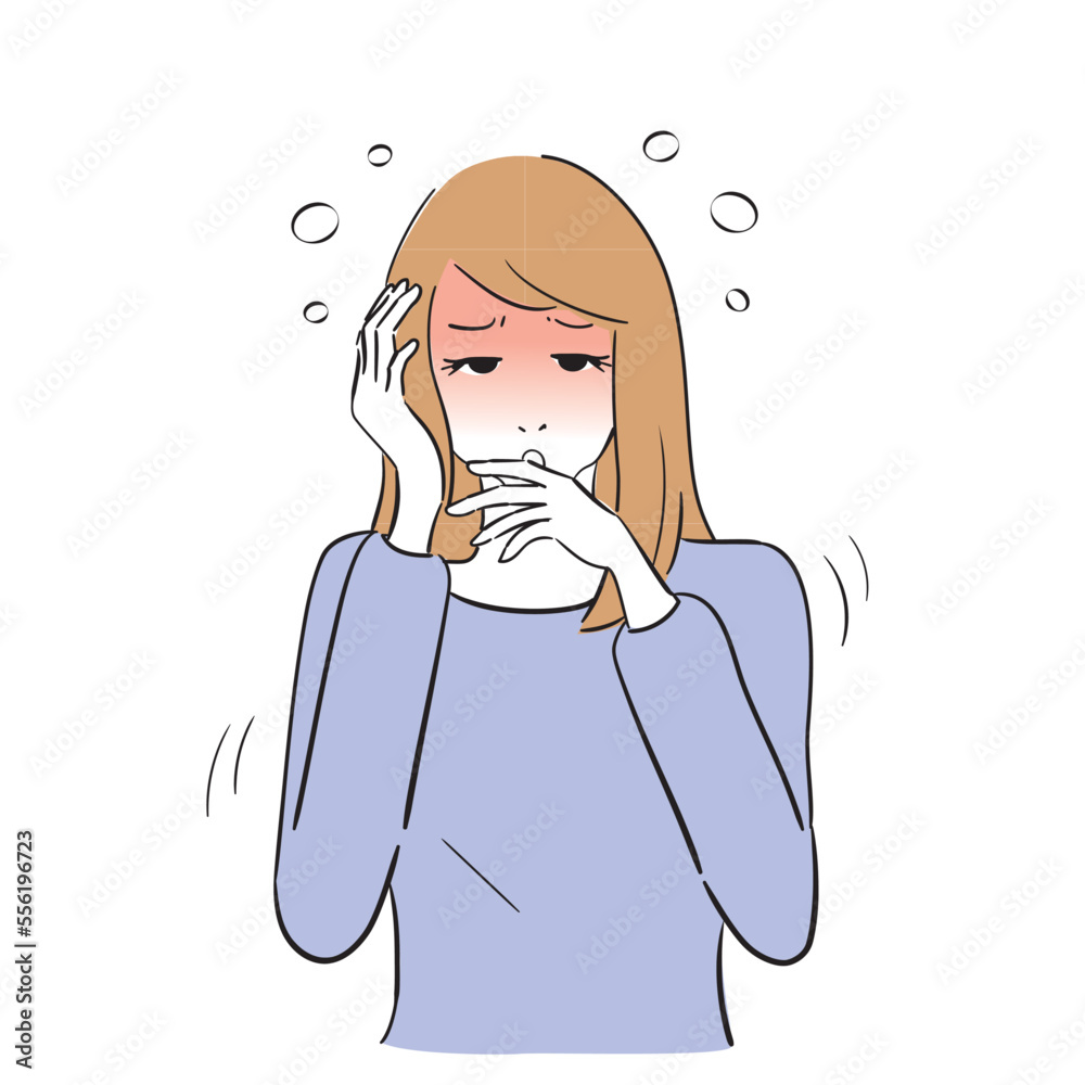 酒ののみずぎによる二日酔いで辛そうな女性 酒ののみずぎによる二日酔いで辛そうな女性
