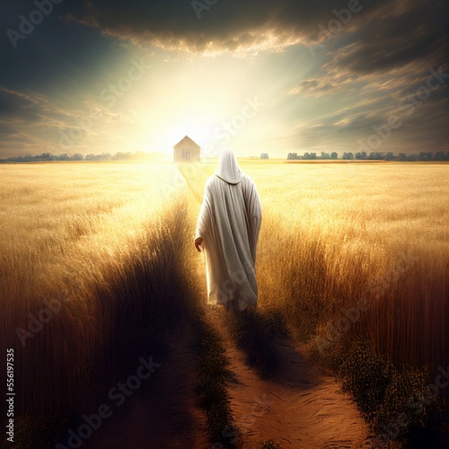 Jesus Christ walking in the middle of a wheat field, Ai photo