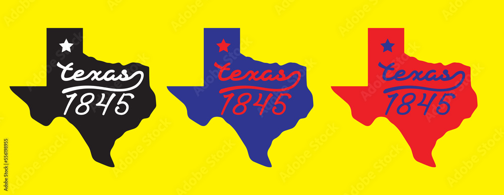 Texas 1845 with state map and lone star patriot theme homeland bundle background for souvernir coffee mug cap metalbadge billbord vector eps.