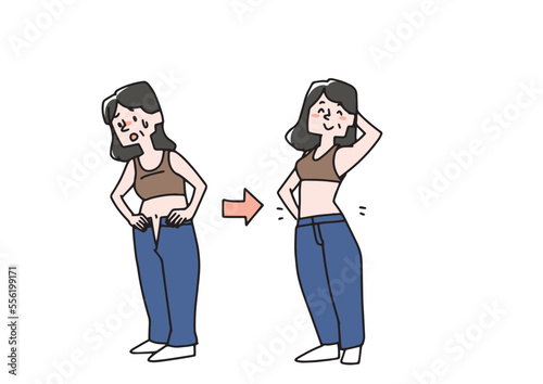 太ってズボンが入らなくなった中年女性と、ダイエットが成功した女性のイラストセット