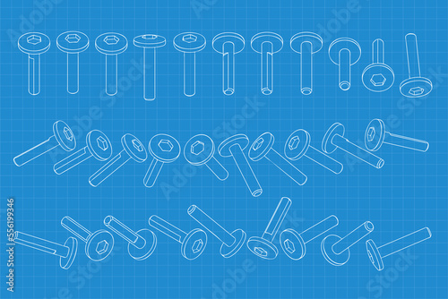 Mechanical engineering drawings on blue background. Cutter, assembly tool with replaceable multi-faceted plate. Technical Design. Cover. Blueprint. Vector illustration.