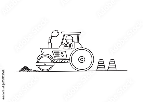 Hand drawn color children construction set of road roller machine