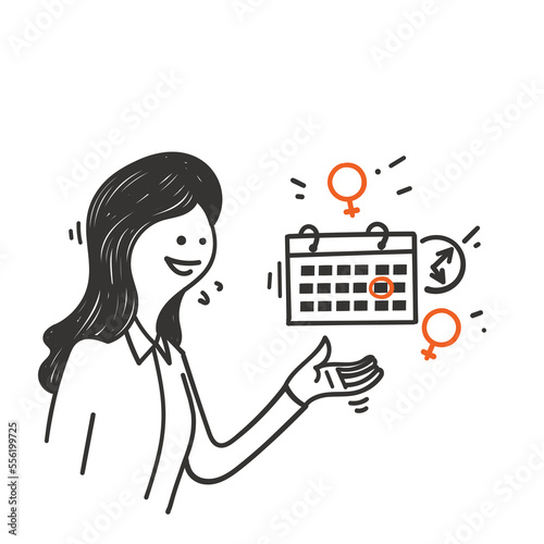 hand drawn doodle woman marks the date of her period on calendar illustration