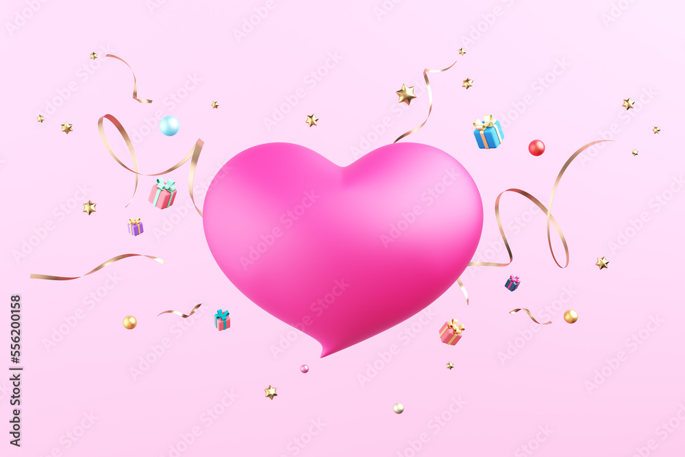 Hot pink heart symbol 3D with gift box, balls gold, ribbon on pink background. Speech bubble heart couple wedding, greeting card festival love Valentines Day. Object clipping path. 3D Illustration.