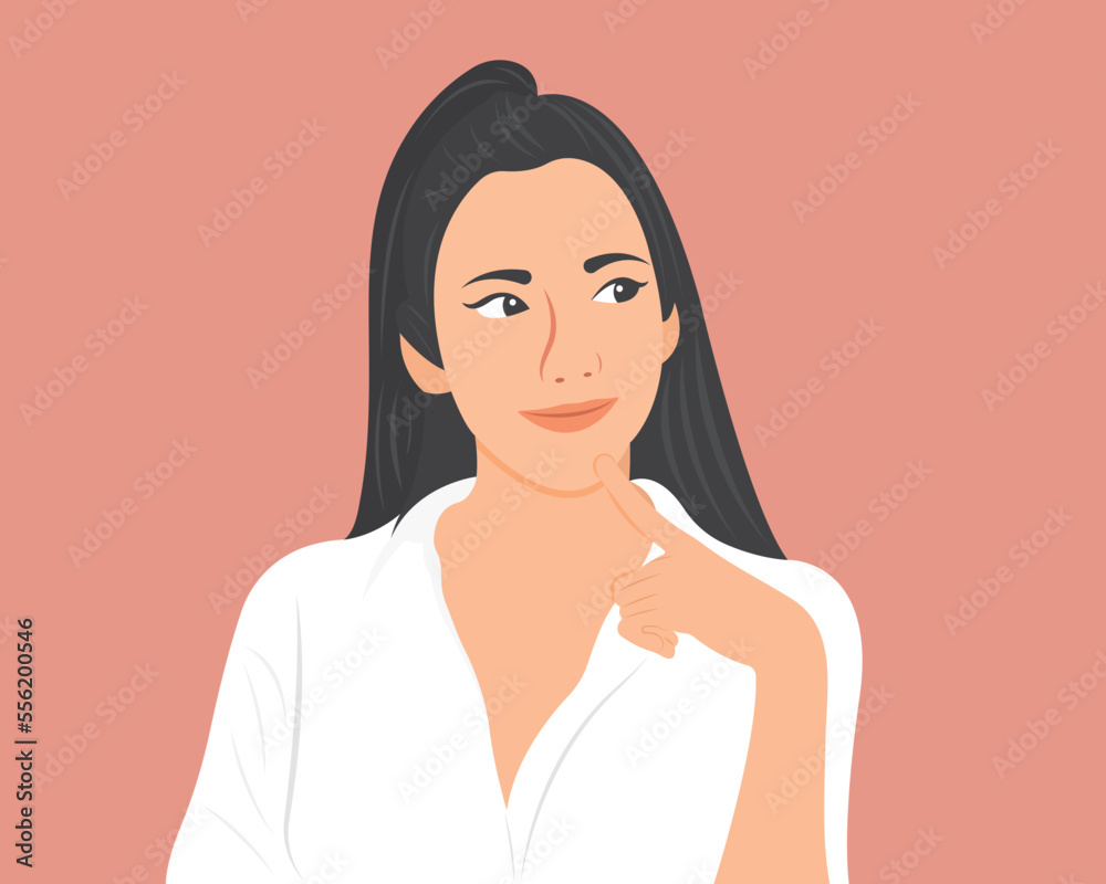 Beautiful woman thinking or wondering and analyzing the question. Vector illustration. Beautiful woman thinking or wondering and analyzing the question. Vector illustration.