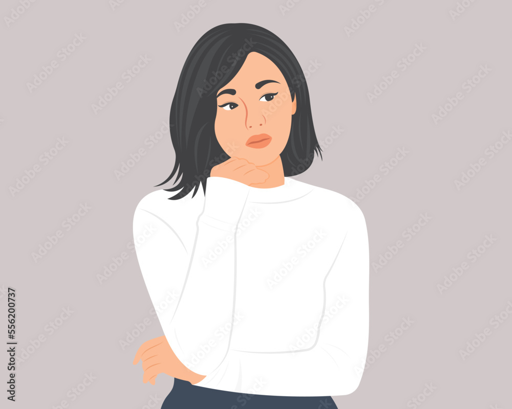 Beautiful woman thinking or wondering and analyzing the question. Vector illustration.