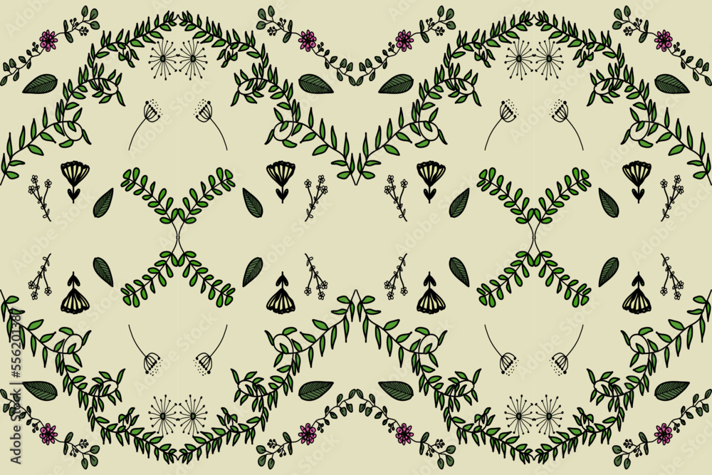 Florals seamless pattern in drawing style with leaves and flowers. Cute green background.Designed for background, wallpaper, clothing, wrapping, fabric, Batik, embroidery style. Florals seamless pattern in drawing style with leaves and flowers. Cute green background.Designed for background, wallpaper, clothing, wrapping, fabric, Batik, embroidery style.
