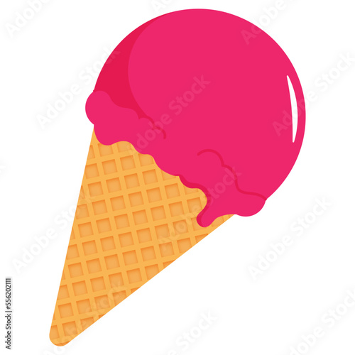 Vector illustration of ice cream in a waffle cone. Icecream in pink colors isolated on white background idea for a poster, postcard, t-shirt.