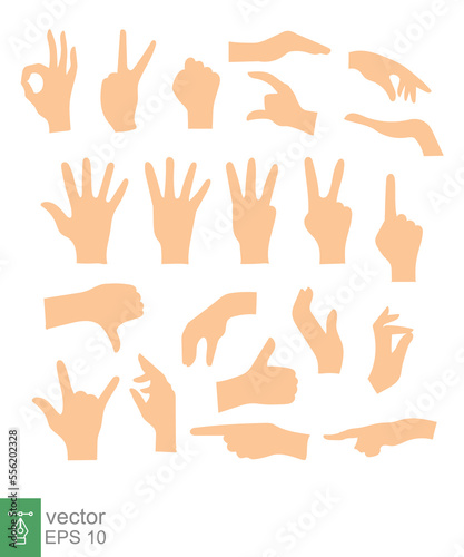 Set of hands showing different gestures isolated on a white background. Vector flat illustration of female and male hands. vector icon illustration. EPS 10.