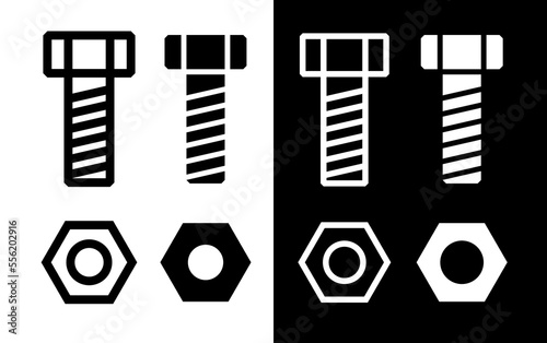 A collection of bolt and nut icons. A symbol of fasteners, construction, repair shop or design bureau. A part used in industry, electronics or furniture.