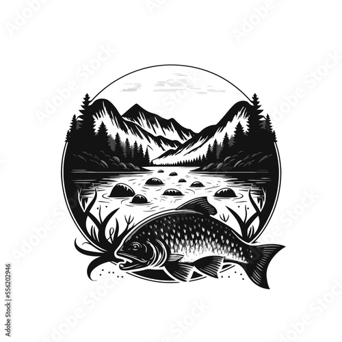 fishing fish in the water blank and white vintage logo design template