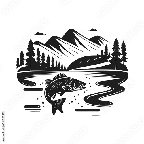 fishing fish in the water blank and white vintage logo design template