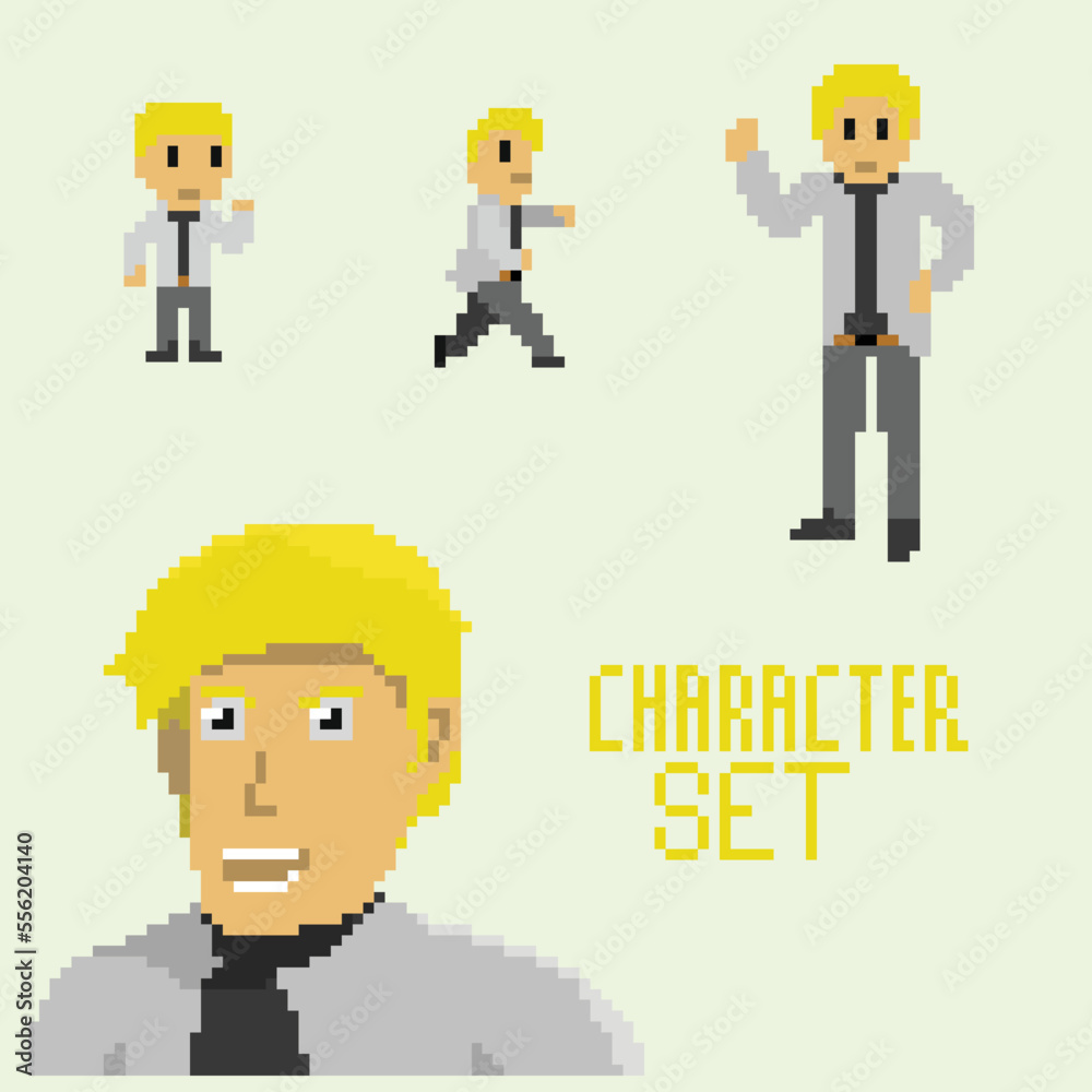 illustration vector graphic of pixel art character set a business man with yellow hair good for your project and game.